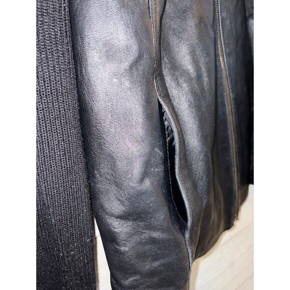 Apostrophe Black Leather Front Knit Sleeve Jacket XL Zip Up Moto Chic - Picture 6 of 8
